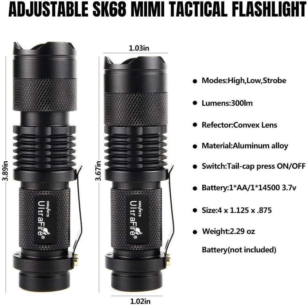 3 Pack Mini Flashlights Focus Adjustable SK68 Single Mode Tactical LED Flashligh