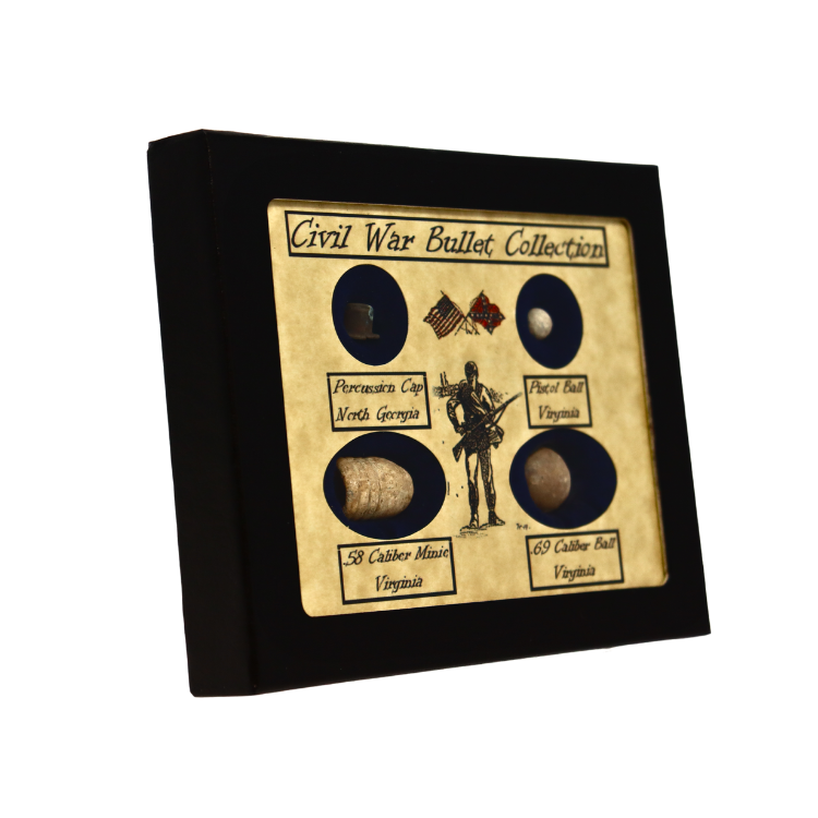 Original Civil War Bullets Relics in Matted Display Case (4 Piece) with COA