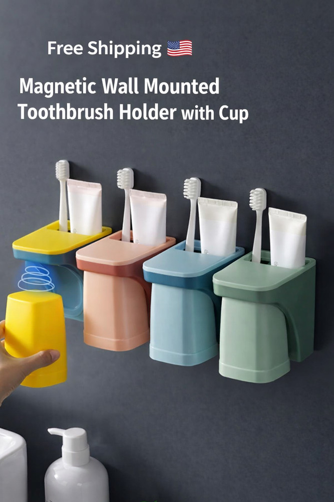 Wall Mounted Magnetic Toothbrush Holder Cup | Space Saving Bathroom Rack