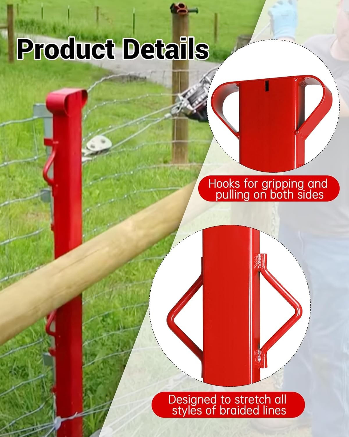 4Ft Woven Wire Fence Stretcher Bar with 5 Wedges, Red Fence Stretcher Tool Steel