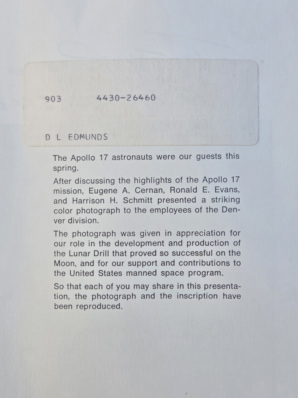 Vintage 1972 NASA Apollo 17 Mission Crew signed Photograph Print Denver Div