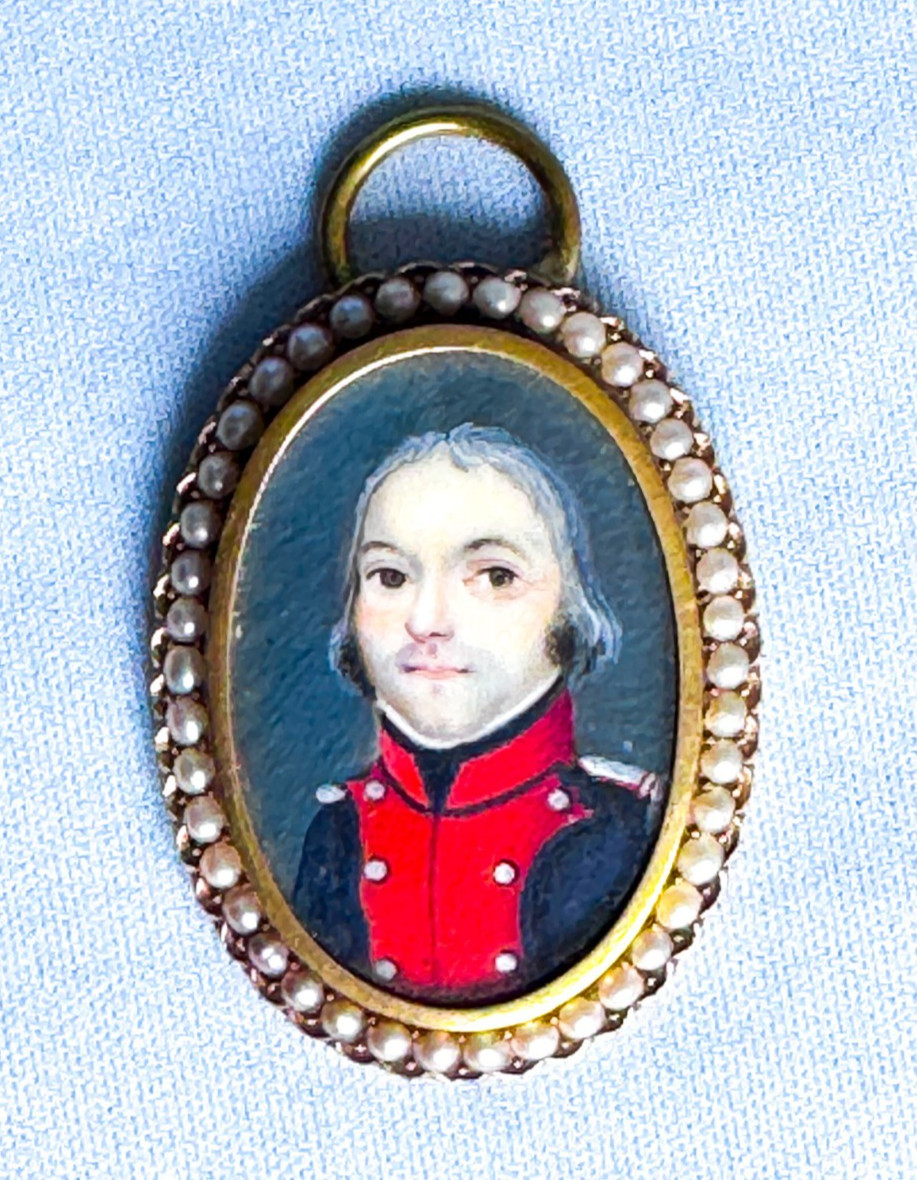 Rare 18th C Hand Painted Portrait French Revolution Soldier w Pearls Robespierre