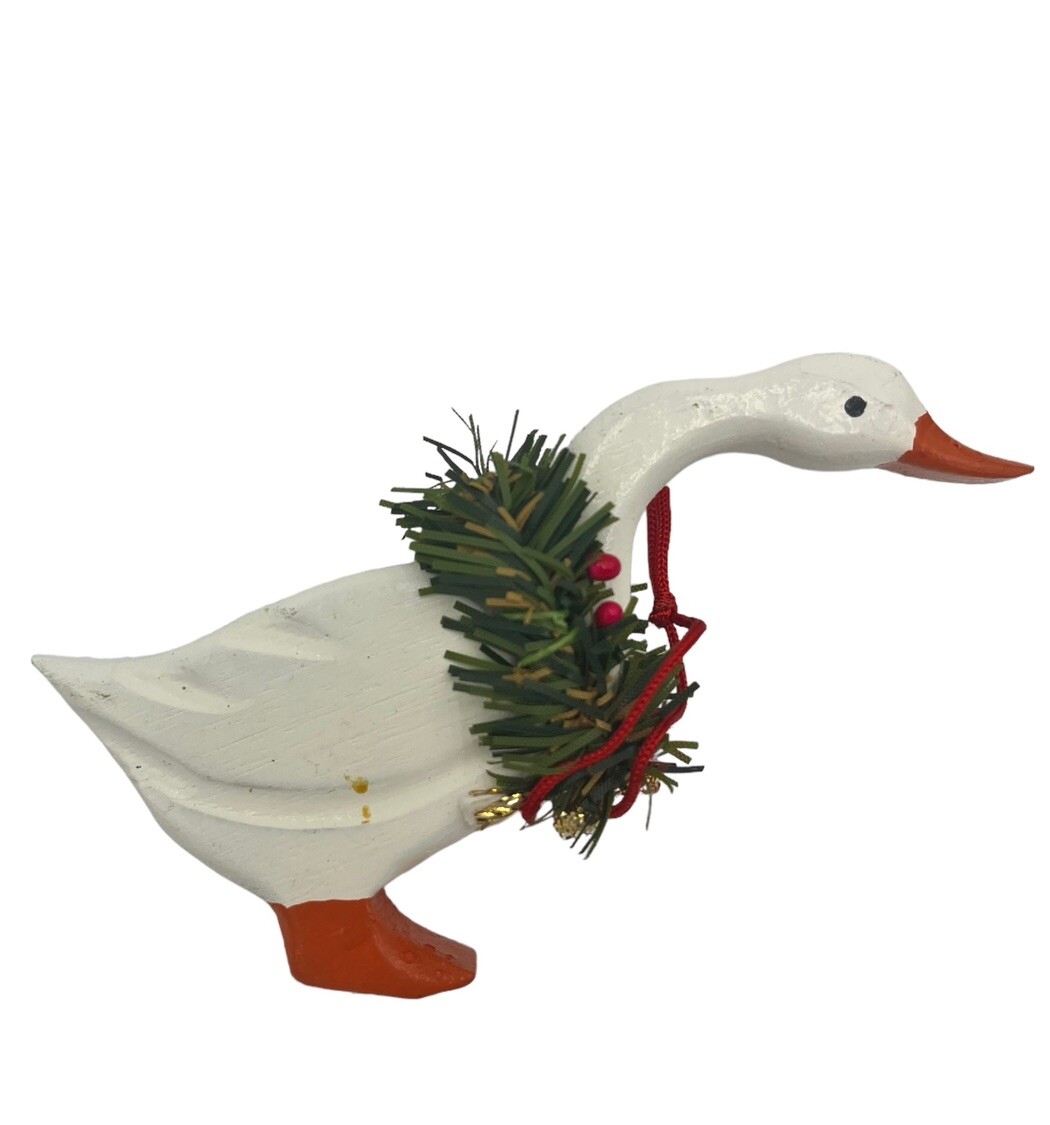 2 Midwest of Cannon Falls Signed Snowman Christmas Ornaments Wood Goose Carved