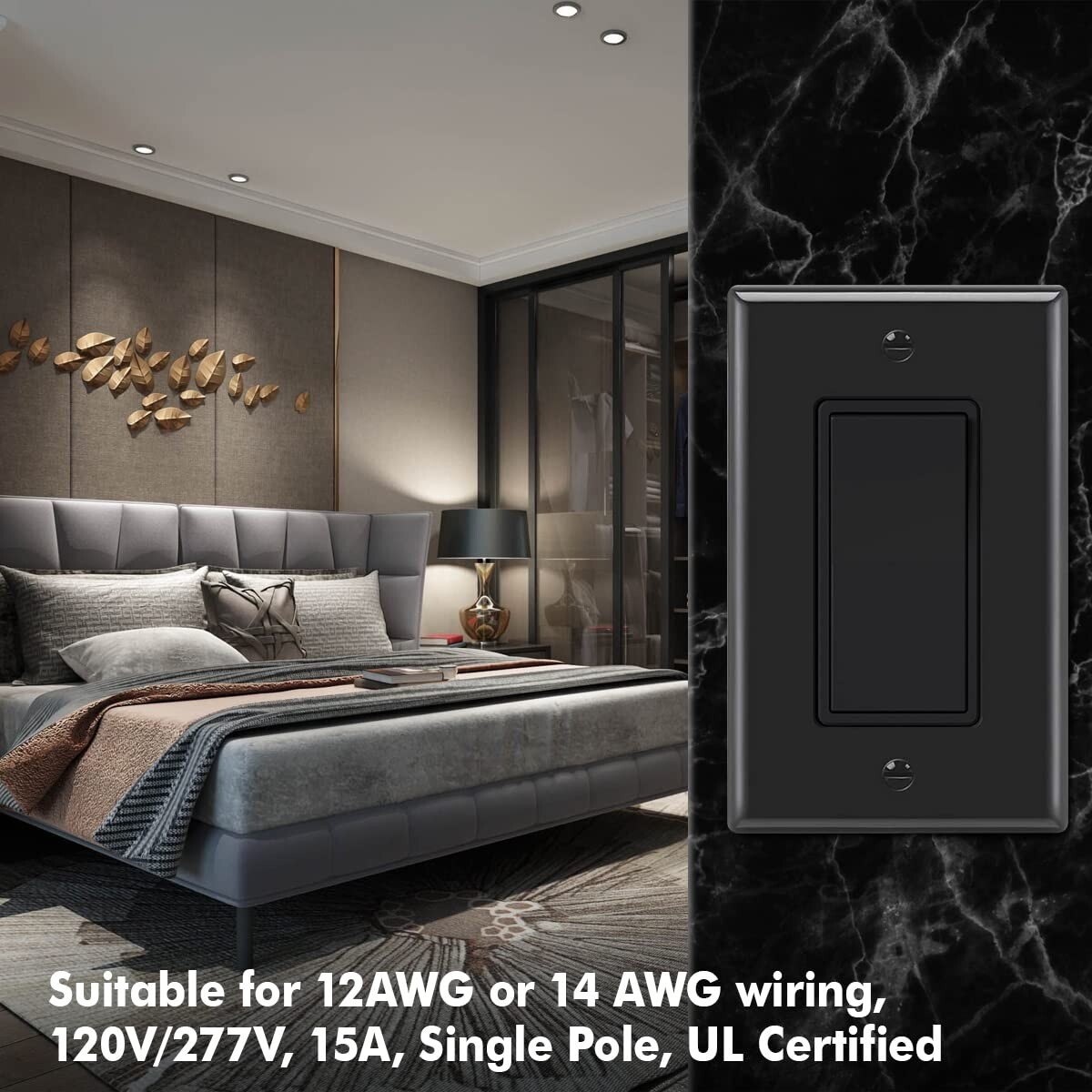 10 Pack Decora Light Switch Black, Single Pole Paddle Rocker,15A 120V/277V