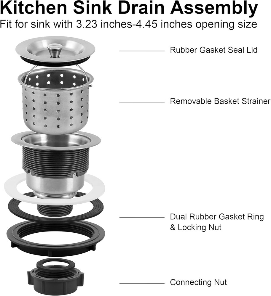 Kitchen Sink Drain Assembly, Kitchen Sink Strainer with Deep Removable Waste Bas
