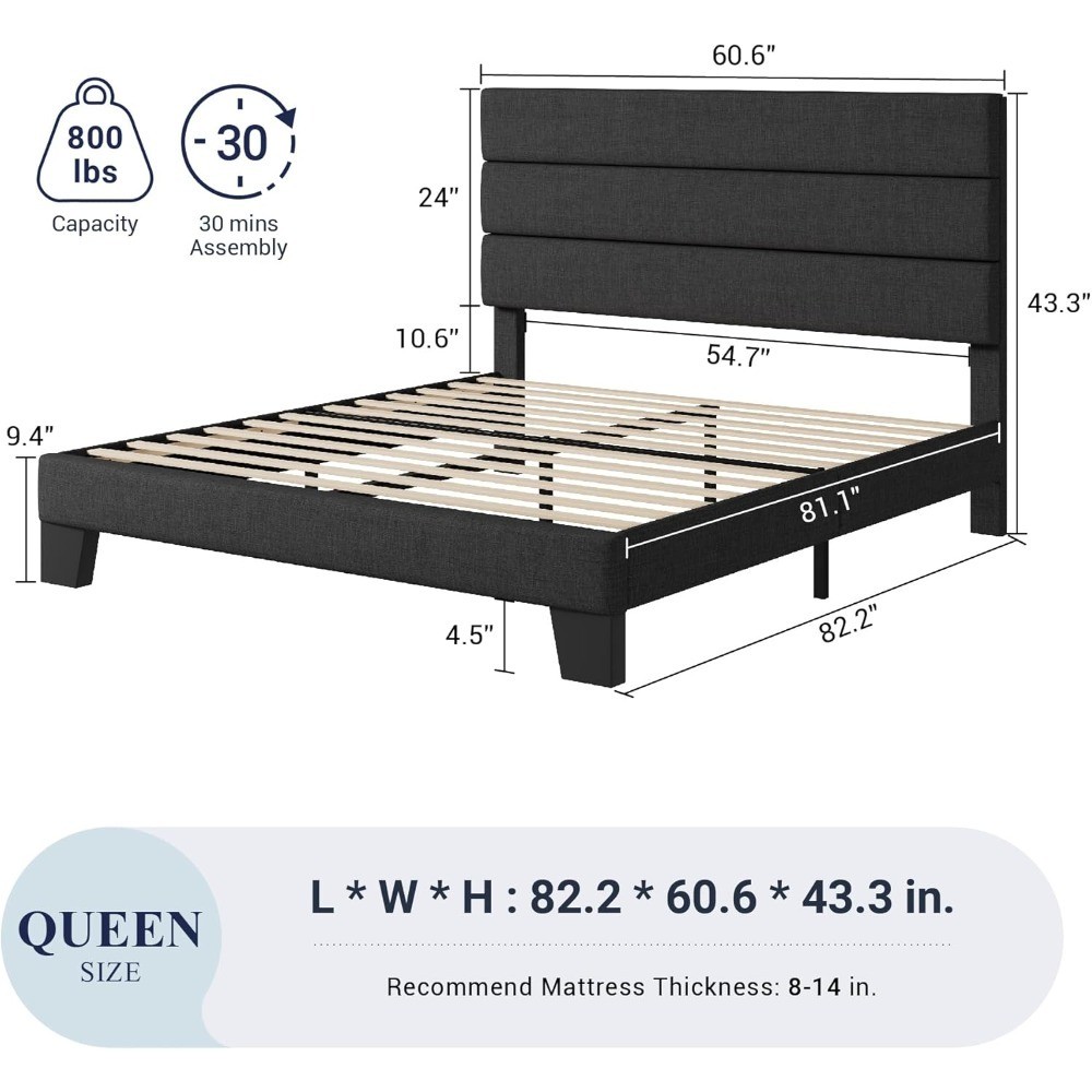 Queen Size Platform Bed Frame with Upholstered Headboard and Wood Slats Support,