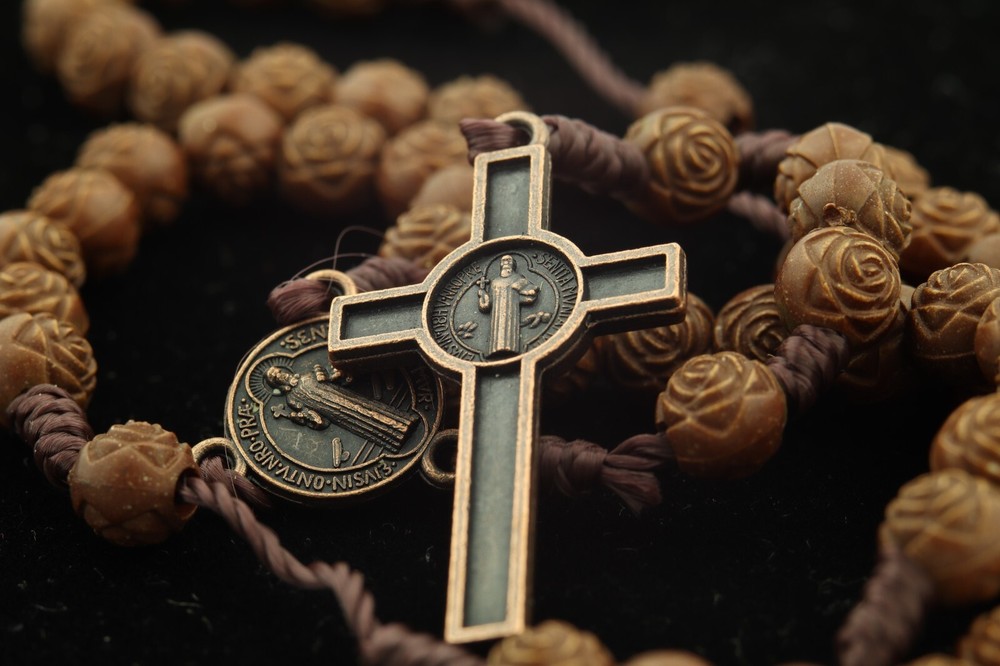 Rosebud Wood Bead Saint Benedict San Benito Centerpiece Standard 5 Decade Rosary