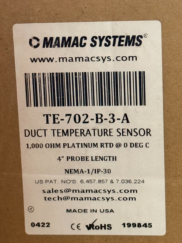 Mamac Systems TE-702-B-3-A Duct Temperature Sensor (4" Probe Length)