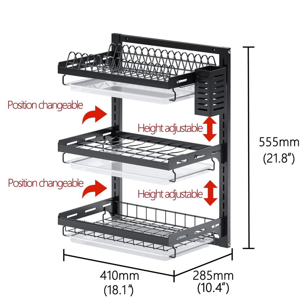 PUSDON 3 Tier Wall Mounted Dish Drying Rack, Black Rustproof Hanging Dish Dra...