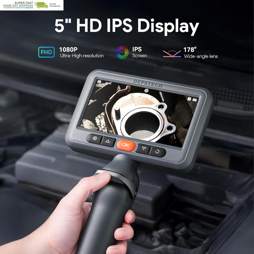 Dual Lens Borescope Camera with Light, Two-Way Articulating Borescope, 5" IPS Du