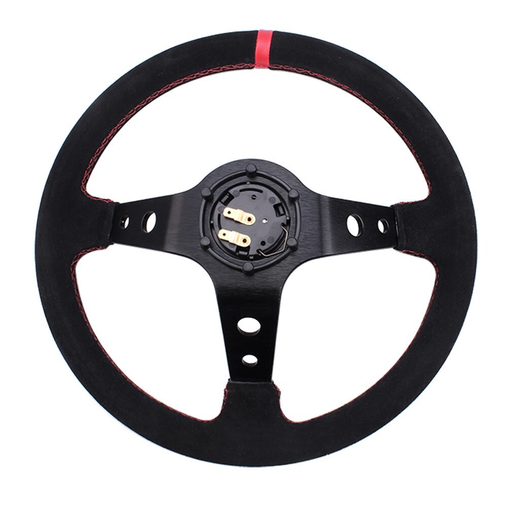 14" Universal Deep Dish Suede Racing Steering Wheel & Ball Quick Release Adapter