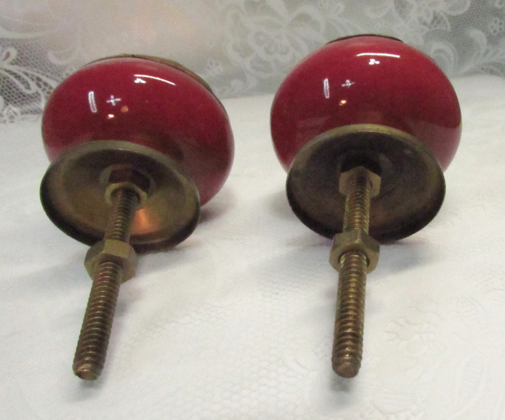Set of 2 Large RED Round CERAMIC KNOBS with Brass Flower Decorative Drawer Pulls