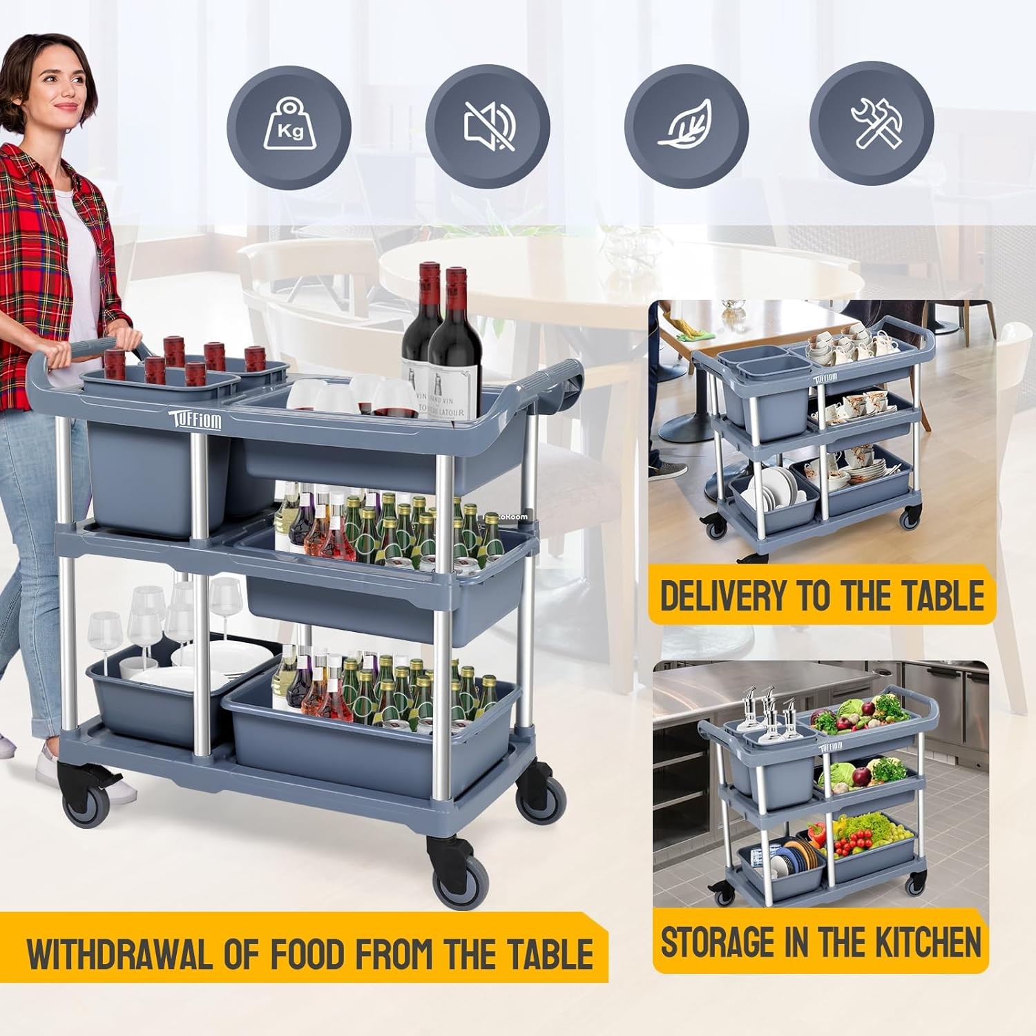 3-Tier Plastic Service Storage Utility Cart with Wheels and Large Storage Space