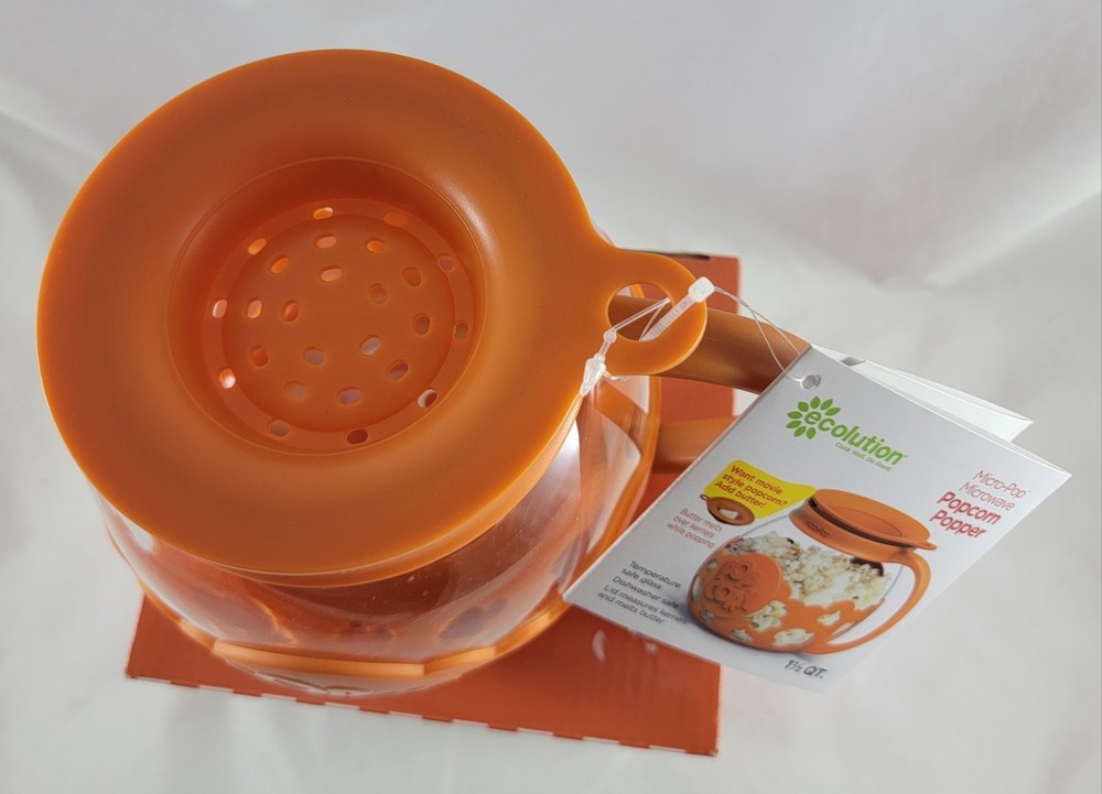NEW Orange Ecolution Micro-Pop Microwave Popcorn Popper Temperature Safe Glass