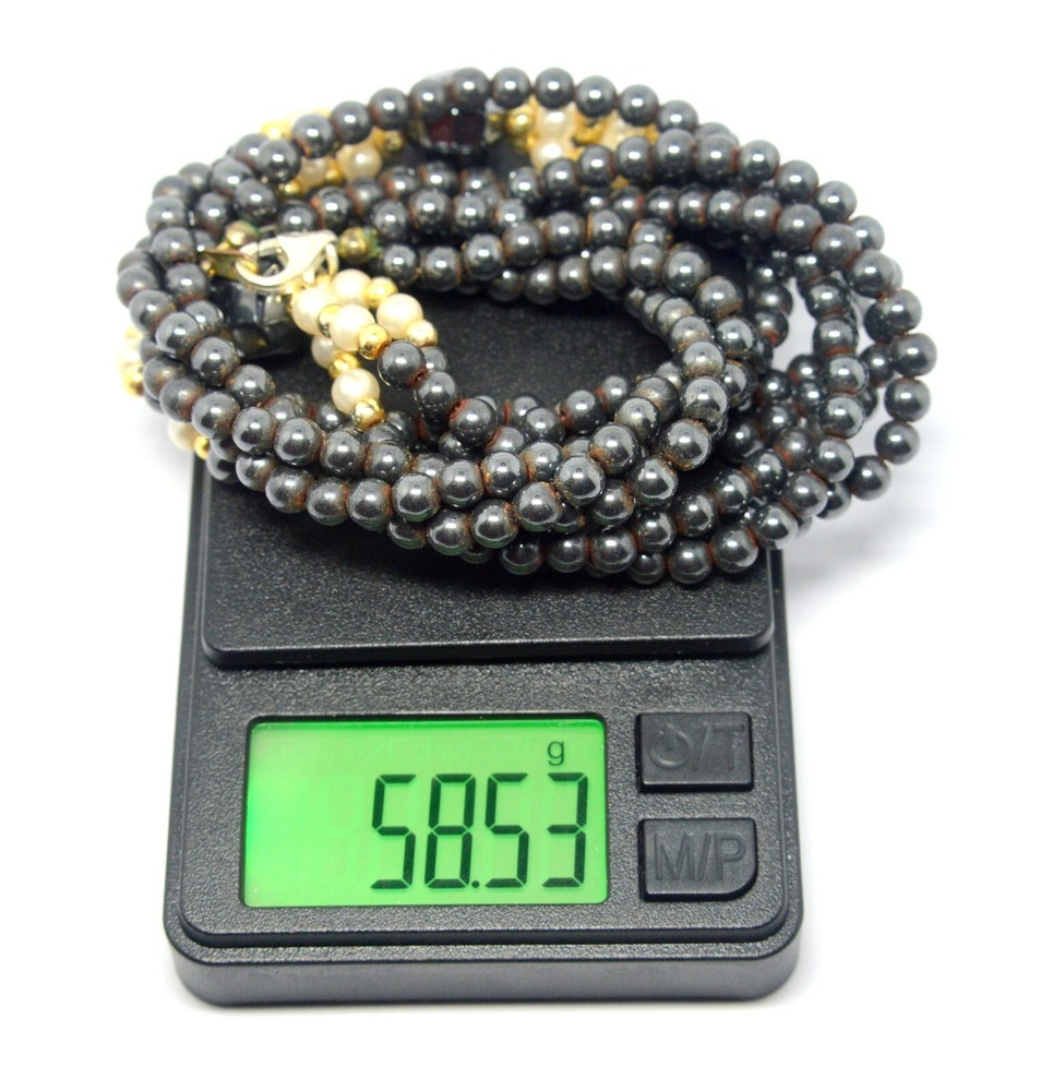 NATURAL BLACK HEMATITE & WHITE PEARLS NECKLACE