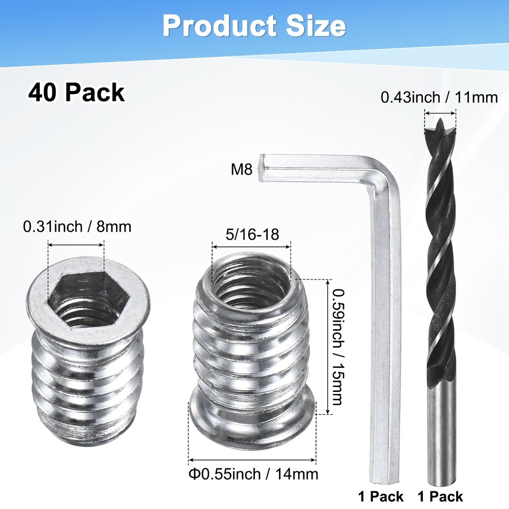 40-Pack Threaded Inserts, 5/16-18x15mm Nuts with A Wrench and Drill Bit [Silver]