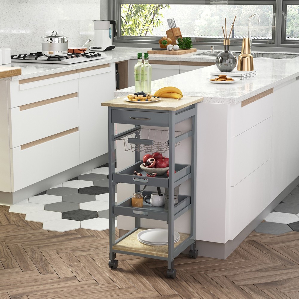 Rolling Kitchen Cart w/ Drawer, Basket, Trays & Solid Wood Frame, Gray