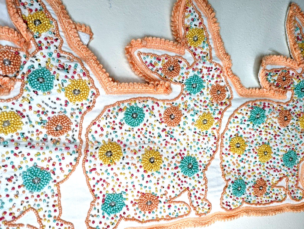 Happy Easter 36L" x 14"W 4 Bunny Rabbit Multicolor Beaded Table Runner NWT
