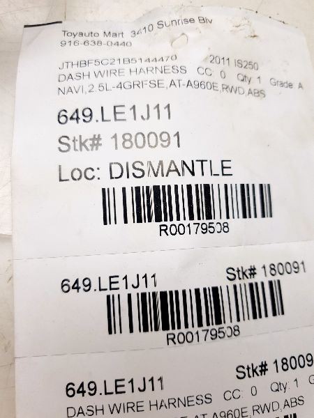 2011 LEXUS IS250 DASH WIRE HARNESS