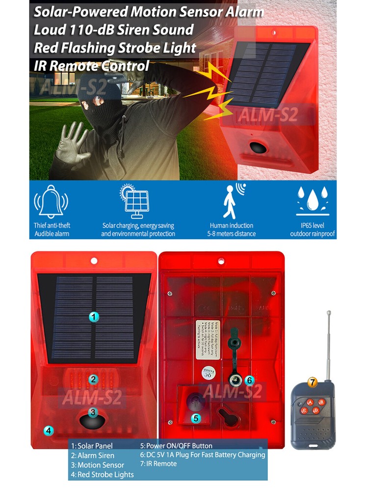 110dB Motion Sensor Alarm Solar Panel DC Powered Home Security IR Remote
