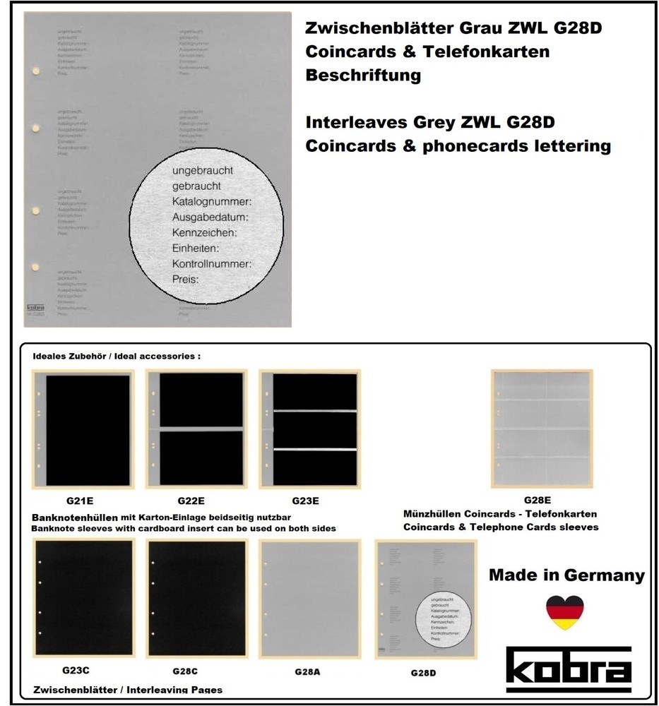 Interleaving Pages Printed Pages COINCARDS KOBRA G28D 100 x For G28E Coin Sheets