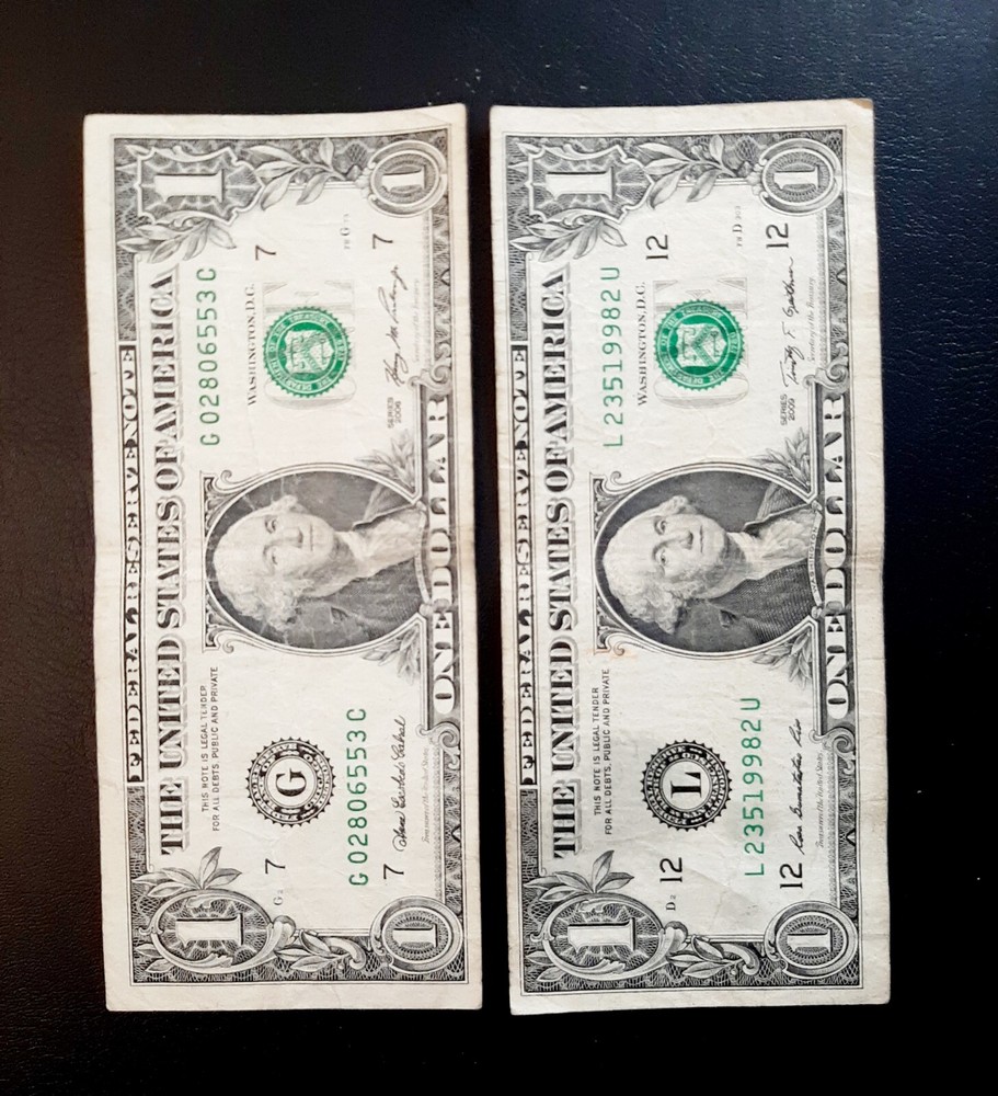 OPPOSITE MISCUT ERROR BILLS. LOT OF TWO $1 NOTES