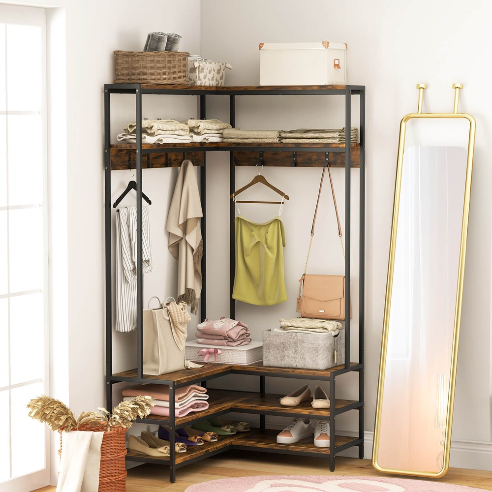 Corner Garment Rack W/ Open Shelves & 7 Hooks Shoe Bench Solid Metal Frame
