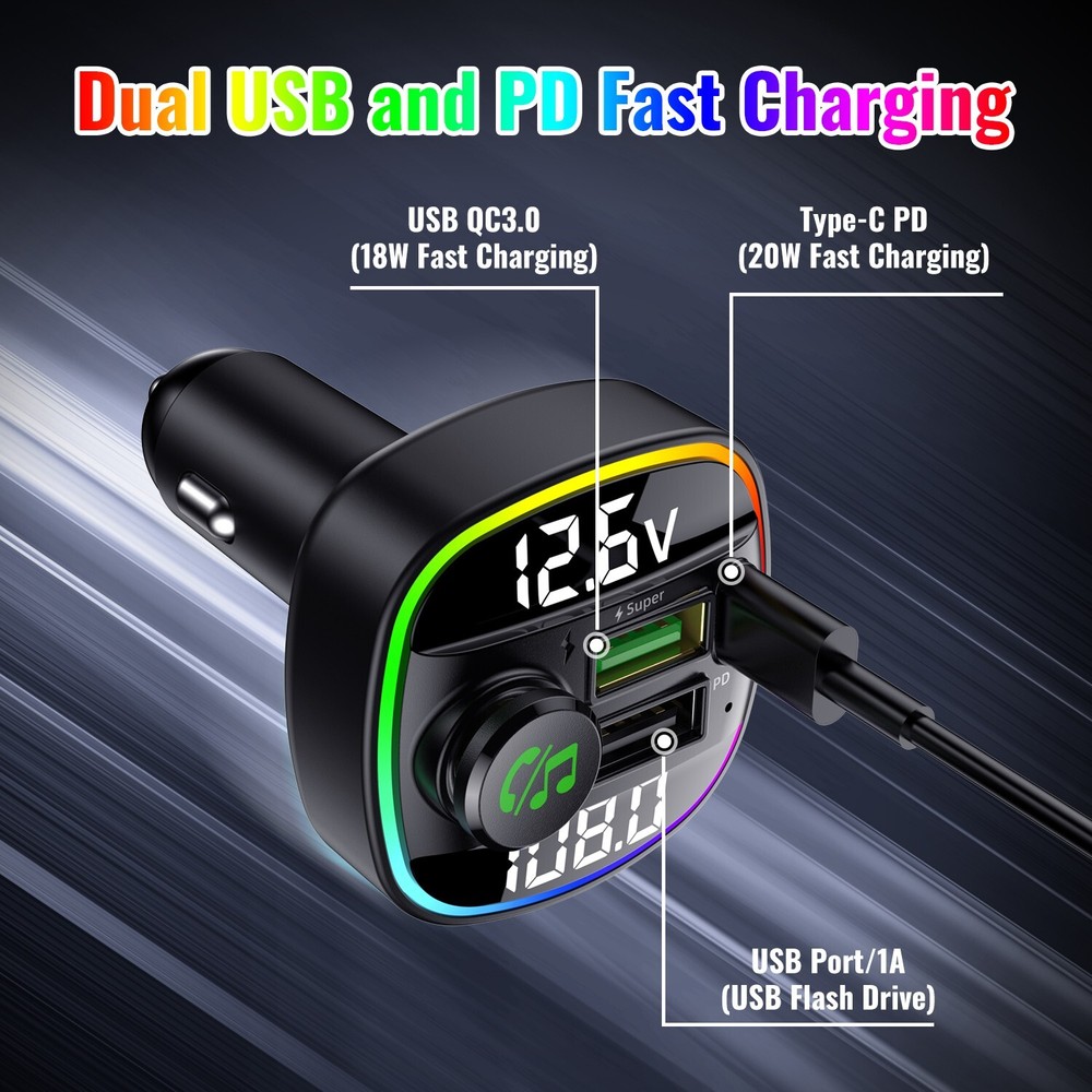 For Car Wireless FM Transmitter Adapter USB Charger AUX Hands-Free Fast Charging