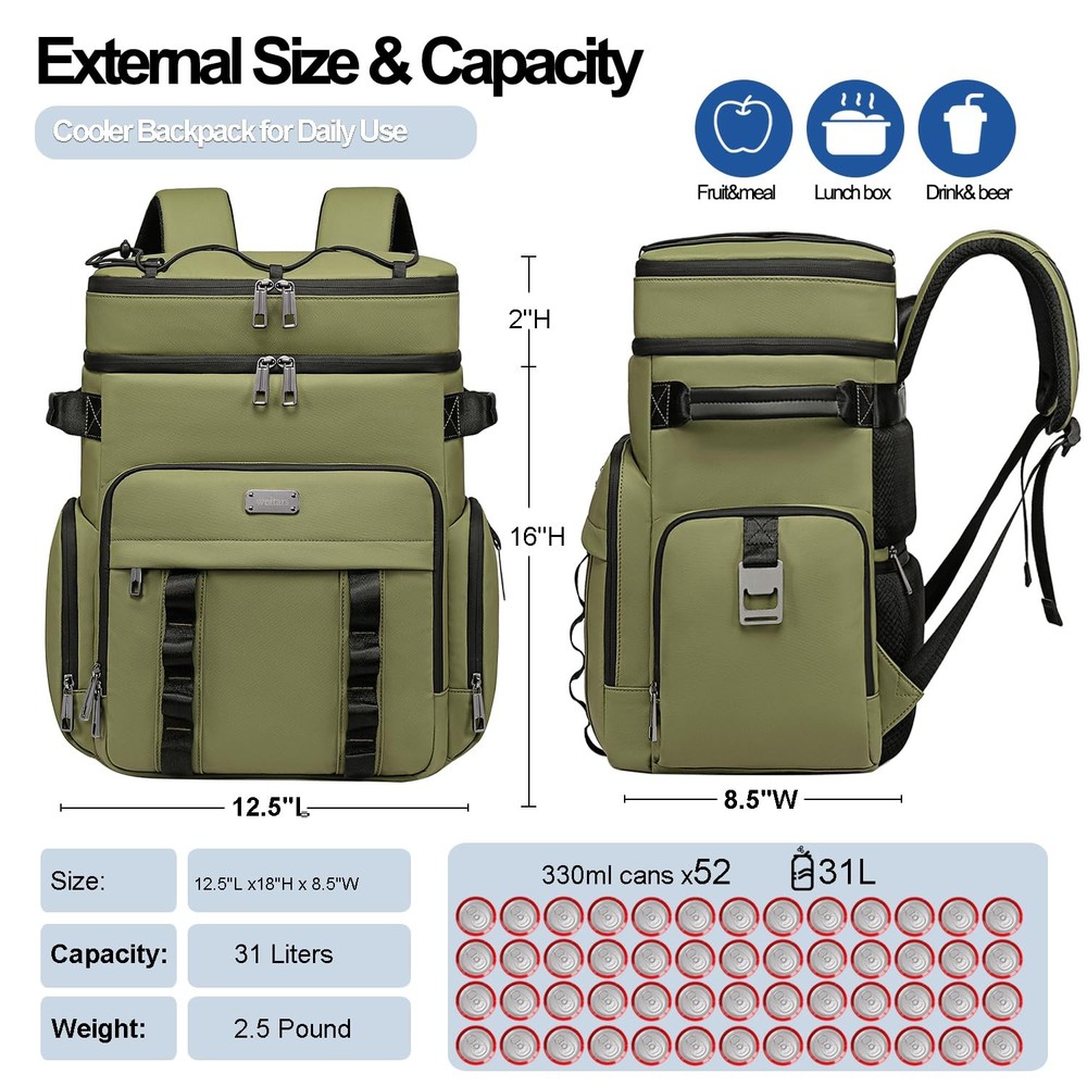 Weitars Insulated Cooler Backpack,Double Deck Waterproof Soft Large, Green