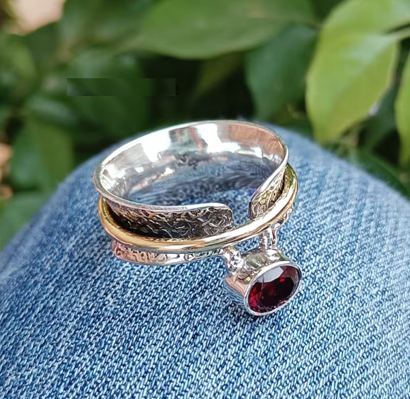 Handmade Garnet Sterling Silver Spinner Ring: Boho Gemstone Ring All Size R369