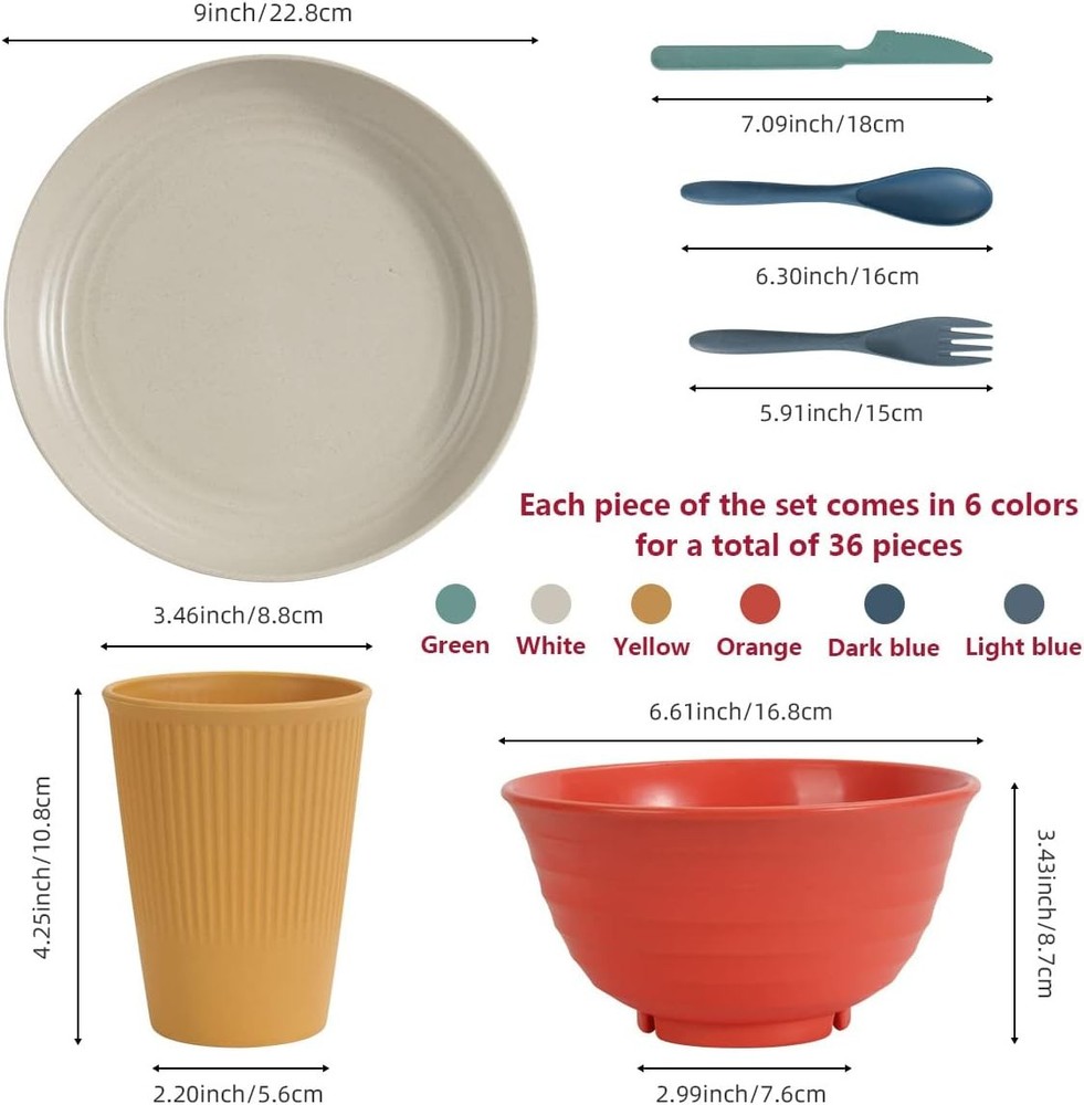 Wheat Straw Dinnerware Sets 36 Piece Unbreakable Sets, Colourful