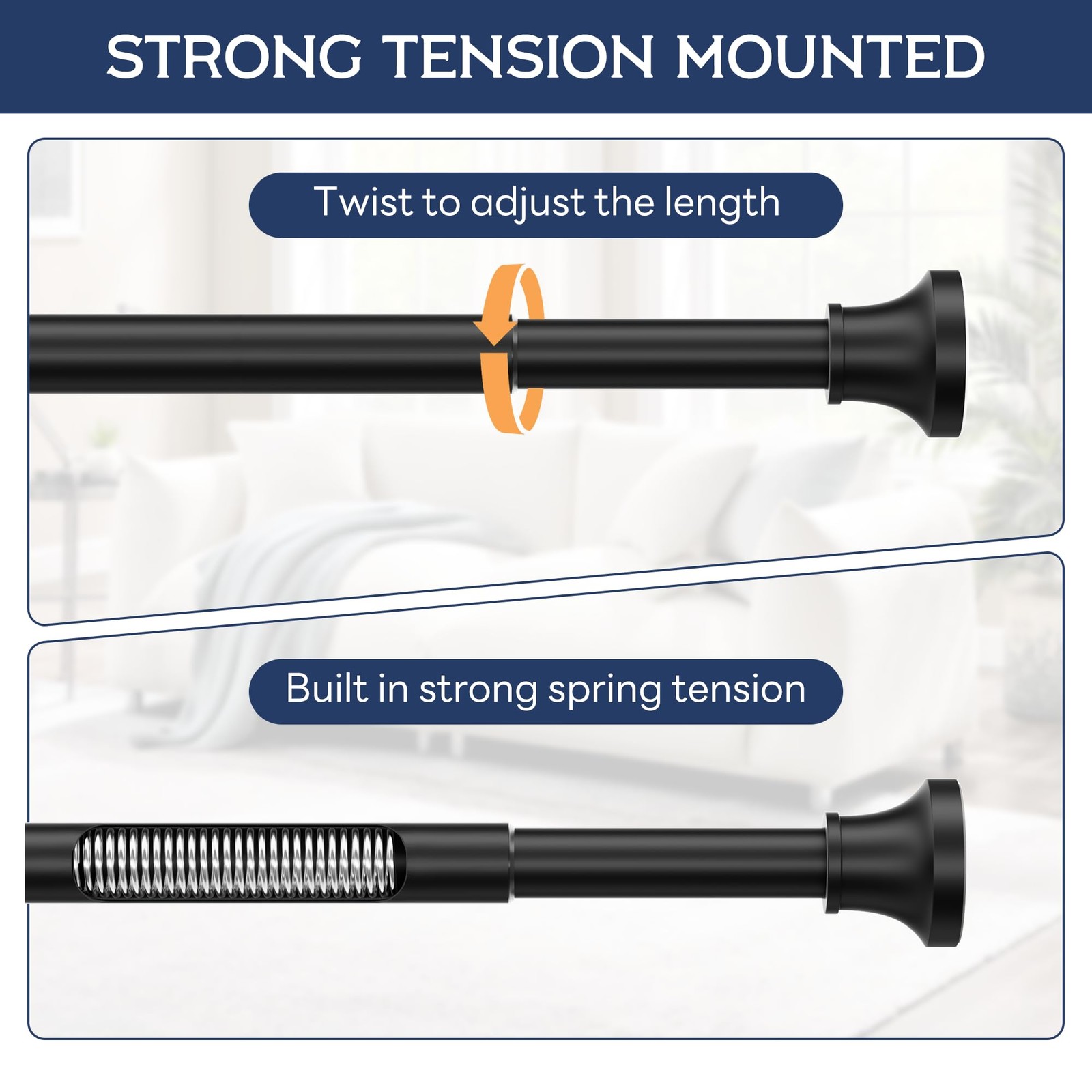 Tension Curtain Rod, Extra Long Outdoor Curtain Rod 43-100 Inch Adjustable, 1.1