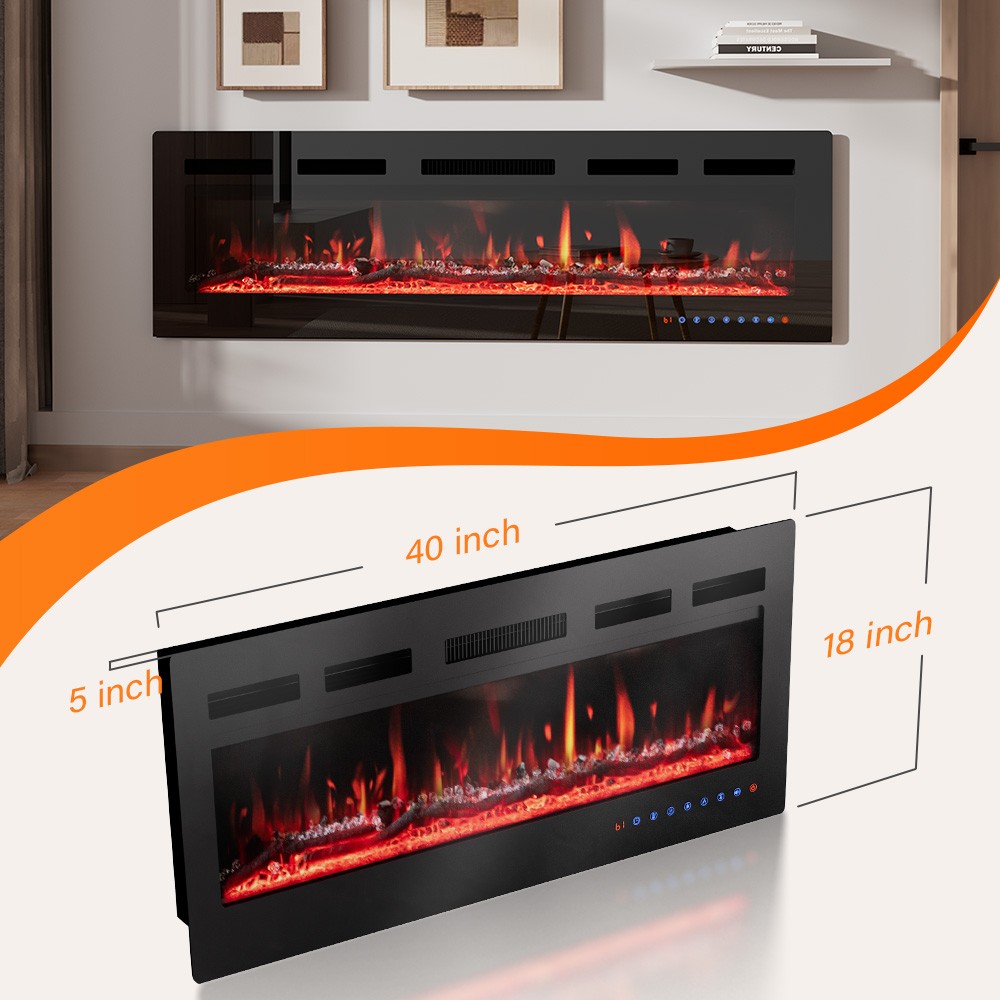 40"Electric Fireplace Wall Mounted Adjustable Heat Remote Backlight Colors Timer
