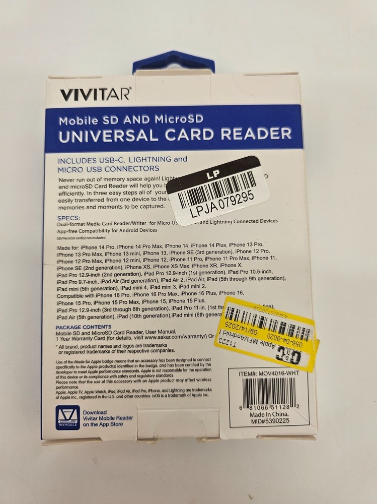 Vivitar Universal SD MicroSD Card Reader Lightning USB-C Micro USB MOV4016