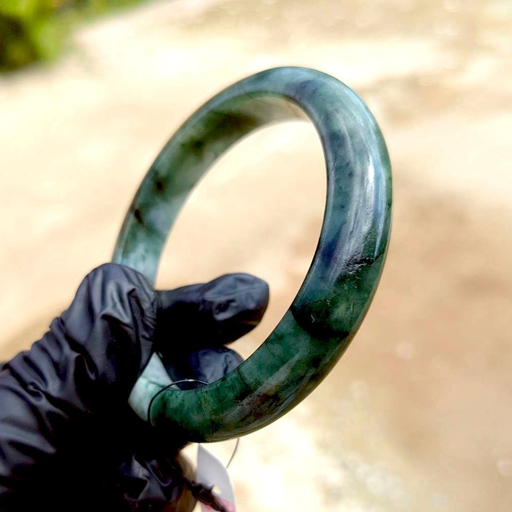 58mm Grade A Jadeite Bangle • Dark Green & White Jade Protective Amulet