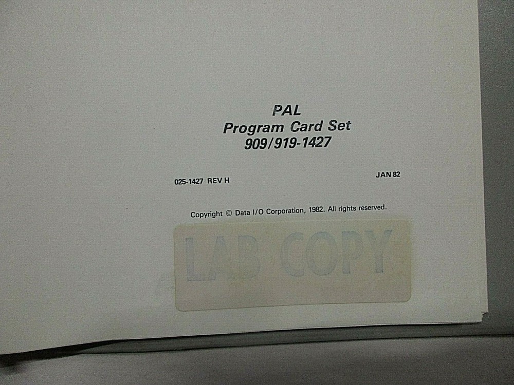 DATA I/O PAL PROGRAM CARD SET 909/919-1427 PROGRAMMING MANUAL