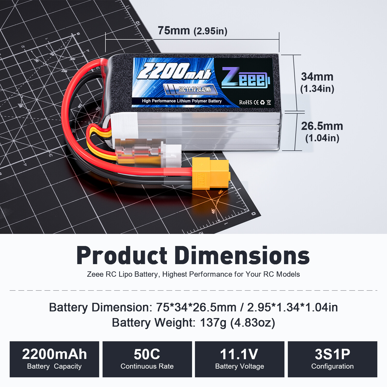 2x Zeee Shorty 3S Lipo Battery 11.1V 2200mAh 50C XT60 for RC Car Drone Quad Heli