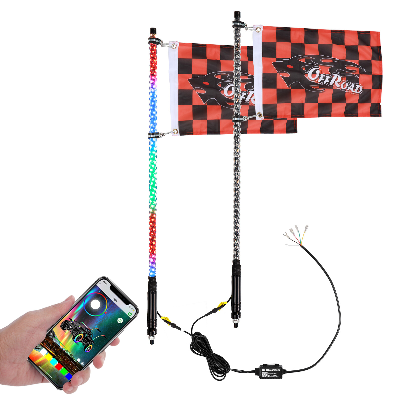 AUXBEAM Pair 3FT Sprial RGB LED Whip Lights+Roll Cage Mount Bracket Off-road UTV