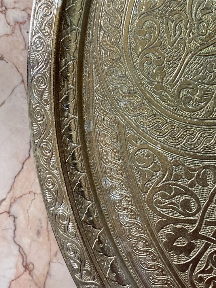 Brass Tray Double Sided Engraved ACAR Middle Eastern 13.5” Arabic calligraphy