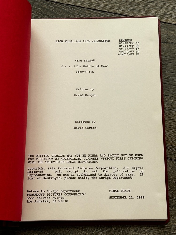 STAR TREK Script The Next Generation The Enemy Final Draft September 11 1989