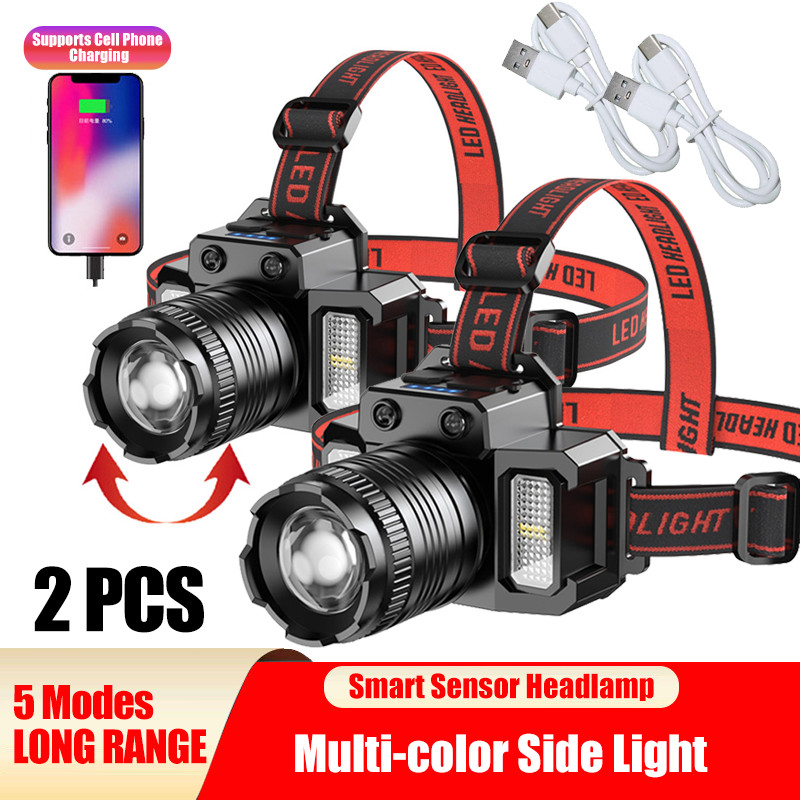2x 9900000LM Rechargeable Sensor Headlamp 5 Modes Zoomable Headlight Flashlight