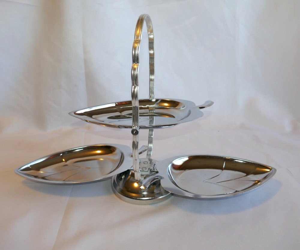 MCM Collapsible Silver Tone 3 Tier Leaf Serveware Snacks TrinketsJewelry Vintage