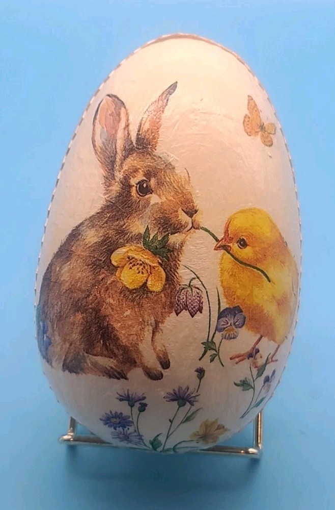 2 Hand Painted Decoupage Paper Mache Easter Egg Container Boxes Victorian Style