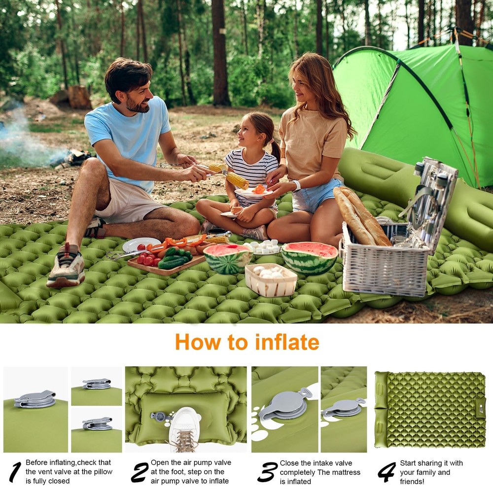Double Sleeping Pad, Ultralight 4" Extra-Thick Self Inflating Sleeping Mat fo...