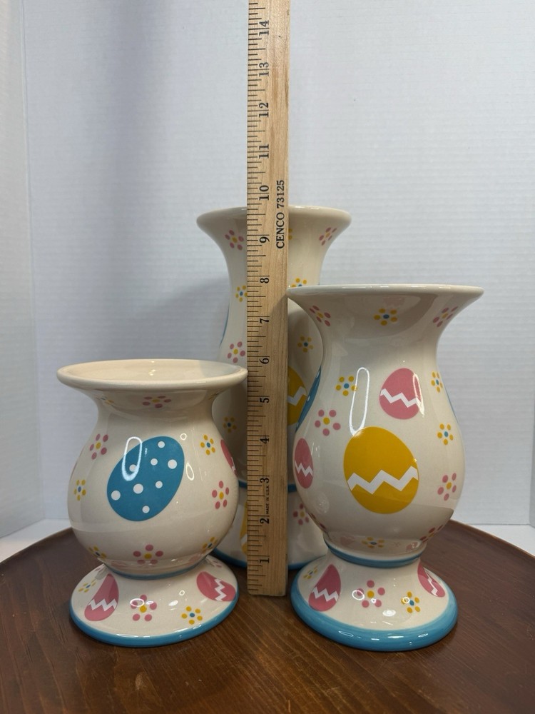 Colorful Ceramic Easter Egg 3 Piece Set Vases Cream Pink Blue Yellow Spring