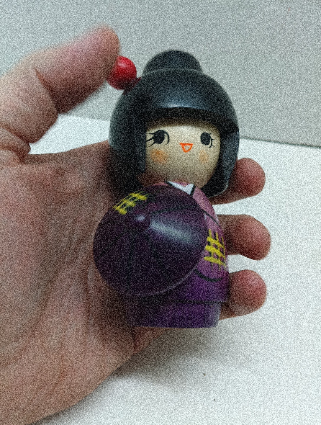 Japanese Geisha Wooden Figurine With Umbrella 5 1/2" Purple Made In Japan