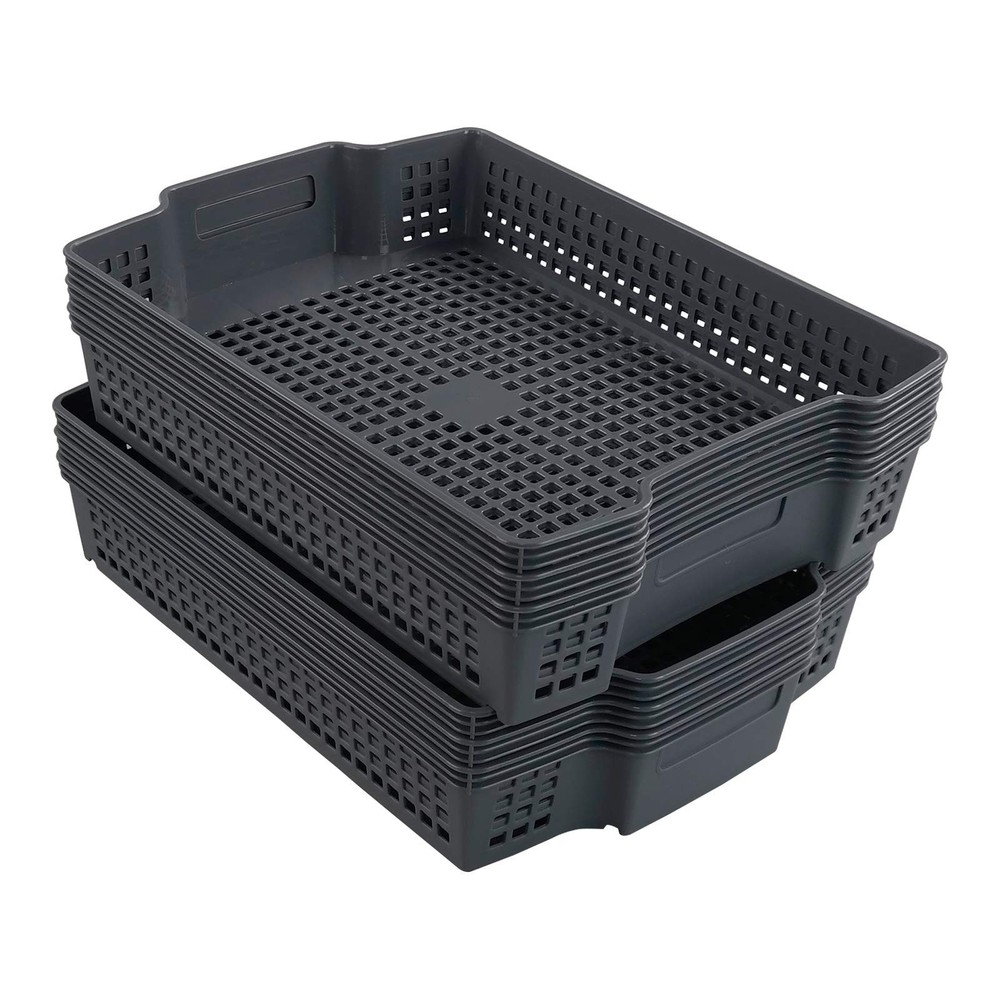 Gray Plastic Stackable Paper Storage Basket Tray, 6 Packs