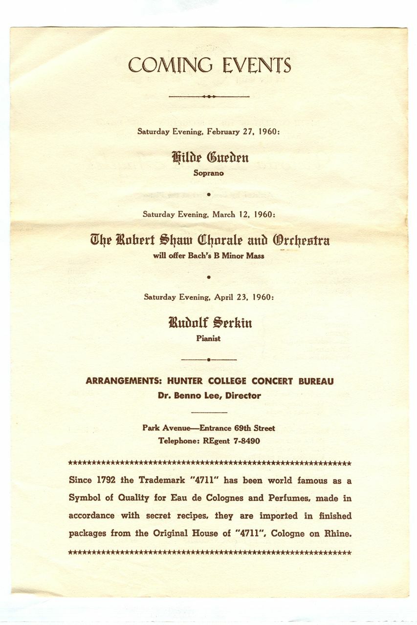 Vintage 1960 VICTORIA de los ANGELES Hunter College NYC Concert Series Program!