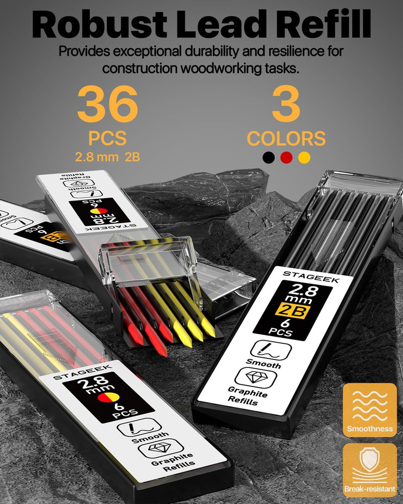 3pcs Carpenter Pencils with Sharpener Mechanical Deep Hole Marker Set 39 Refills
