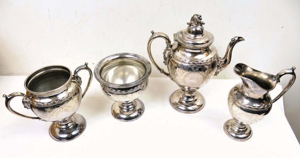 Rogers, Smith & Co Reed & Barton Blanks Silver Plate Tea Set Grape Pattern 1850